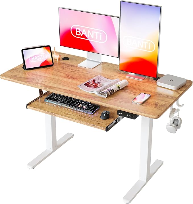 BANTI 48" x 24" Height Adjustable Electric Standing Desk with Keyboard Tray, Sit Stand up Desk with Splice Board, White Frame/Light Rustic Brown Top