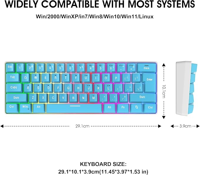 Snpurdiri 60% Wired Gaming Keyboard, 61 Keys RGB (Blue) | Small Ultra-Compact Backlit 60 Percent Gaming Keyboard for PC/Mac Gamer, Typist, Travel, Easy to Carry on Business Trip