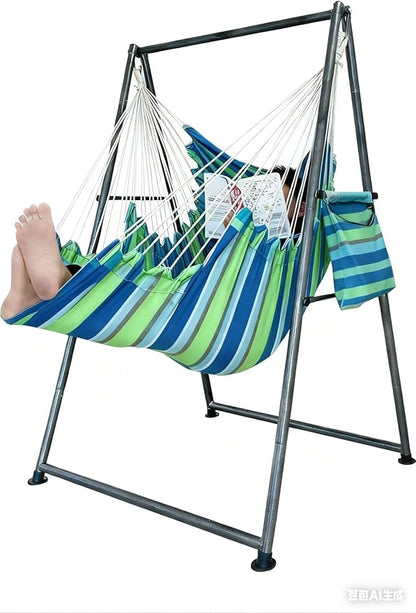 Hammock Chair Stand with X-Large Swing Chair with Footrest，Anti-Tip Thickened Weather-Resistant Iron Pipe Swing Frame, 450Lbs Stand Capacity Quick Assembly for Indoor Outdoor (Green Stripe)