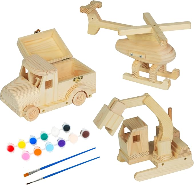 Easy Playhouse: Wood Building Toy Kit - DIY 3 Vehicle Projects: Helicopter, Truck & Excavator, 12 Paint Colors & 2 Brushes, Arts & Craft Set, Kids 8+