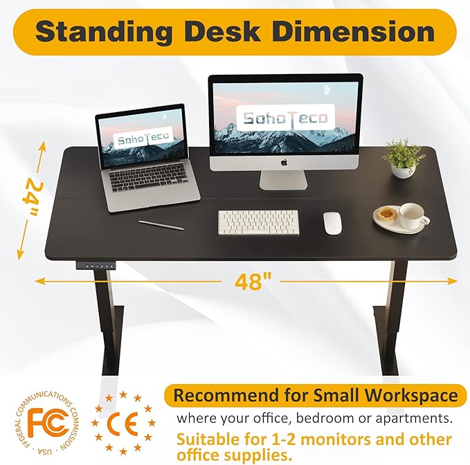 Electric Height Adjustable Desk, 48x24 Sit Stand Desk with Splice Board, Gaming Desk with Memory Presets, Black Steel Frame & Black Board