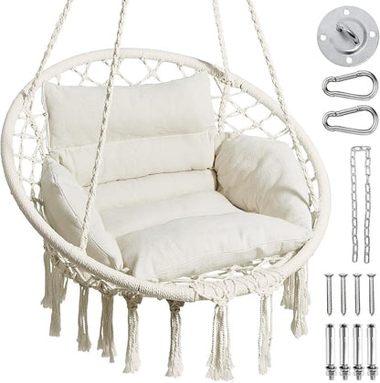 Greenstell Hammock Chair, Macrame Swing Chair with Comfy Cushion, Boho Hanging Chair for Outdoor & Indoor, Perfect for Bedroom, Patio, Balcony, Hold up to 330Lbs, Beige