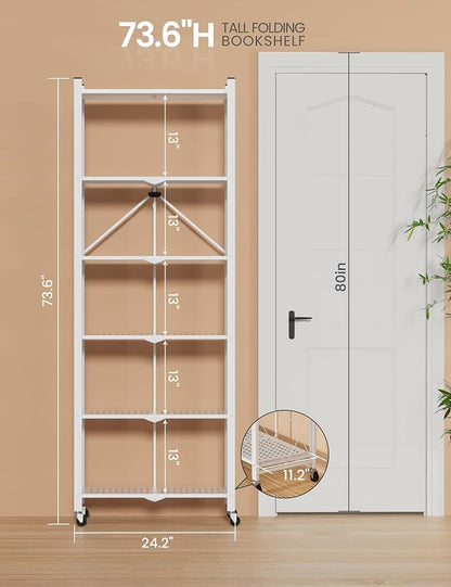 ALANNG 73.6 Inch Folding Bookshelf, 6 Tier Metal Bookcase and Bookshelves, Tall Shelves for Living Room Office Bedroom, Heavy Duty Book Shelve Free Standing Open (White, 2PACK)