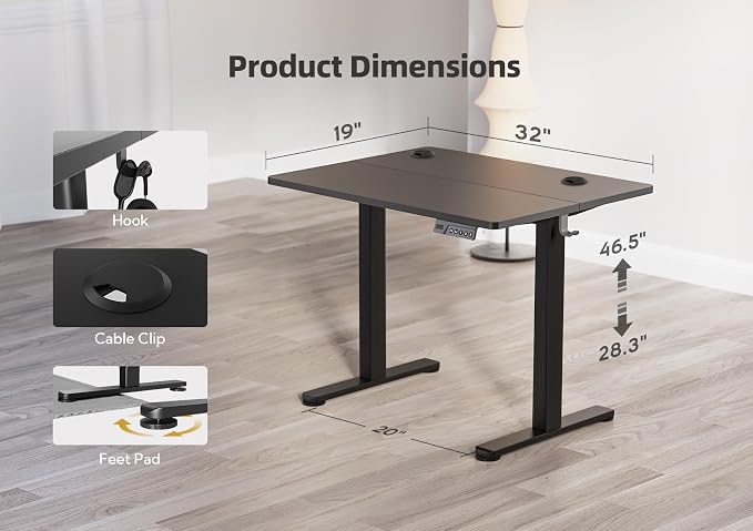 YDN 32 x 19 Inch Black Electric Standing Desk | Adjustable Height, Sit Stand, Cable Management, Ergonomic, Home Office