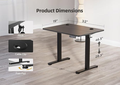 YDN 32 x 19 Inch Black Electric Standing Desk | Adjustable Height, Sit Stand, Cable Management, Ergonomic, Home Office