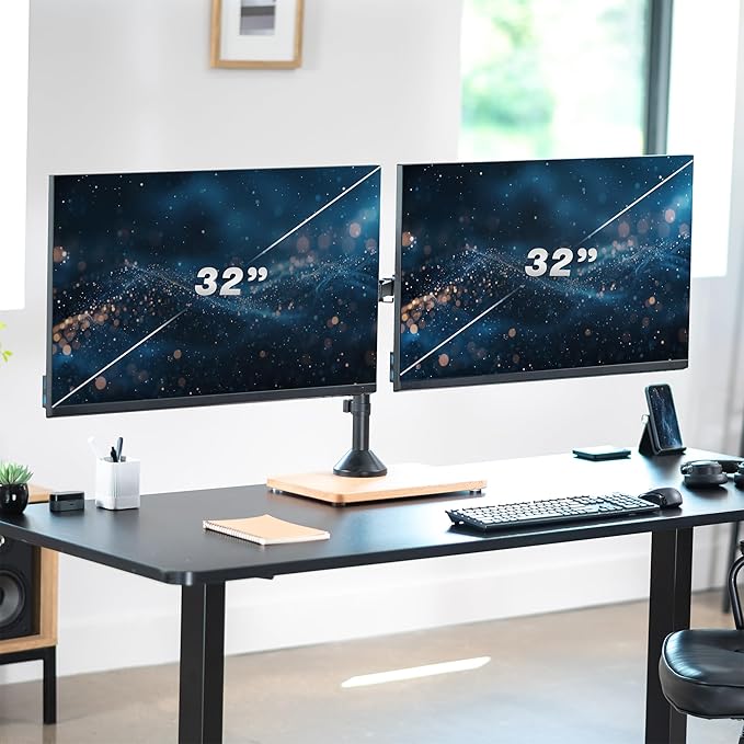 VIVO Dual Monitor Desk Stand for 13 to 32 inch Screens, STAND-V002FD-B | Articulating, Freestanding Adjustable Monitor Arm, Black with Wood Base, Computer Stand for 2 Monitors, Holds 22 lbs Each