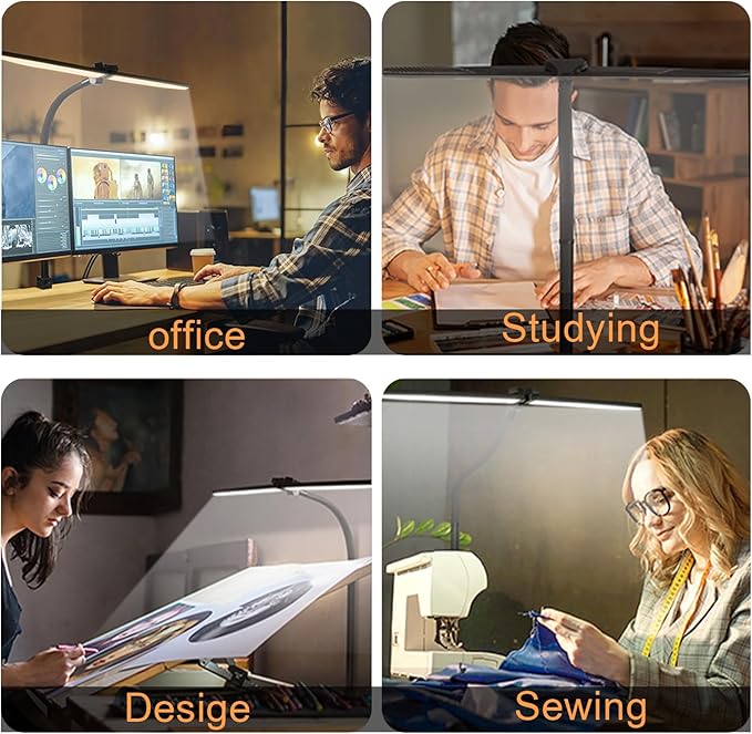 LED Desk Lamp for Office Home, Eye Caring Architect Desk Light with Clamp & Remote Control, Double Head 24W Bright Gooseneck Table Lamp for Dual Screen Computer Monitor Office Lighting Reading Study