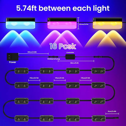16 Packs Outdoor Deck Lights, Smart RGBIC Fence Light, with APP/Remote Control, 16 Million Monochrome Modes,IP67 Waterproof, Color Changing Fence Lights for Fence（100ft）