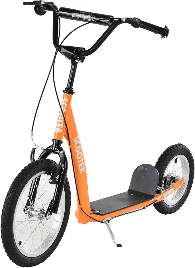 Aosom Youth Scooter Kick Scooter for Kids 5+ with Adjustable Handlebar 16" Front and 12" Rear Dual Brakes Inflatable Wheels