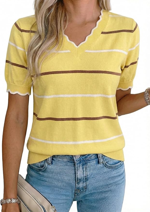 Dokotoo Womens Summer Short Sleeve Knit Tops 2026 Spring Trendy Casual V Neck Striped Sweater Blouses
