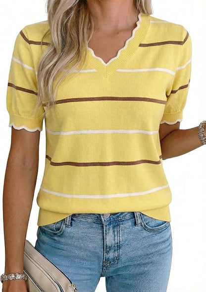 Dokotoo Womens Summer Short Sleeve Knit Tops 2026 Spring Trendy Casual V Neck Striped Sweater Blouses