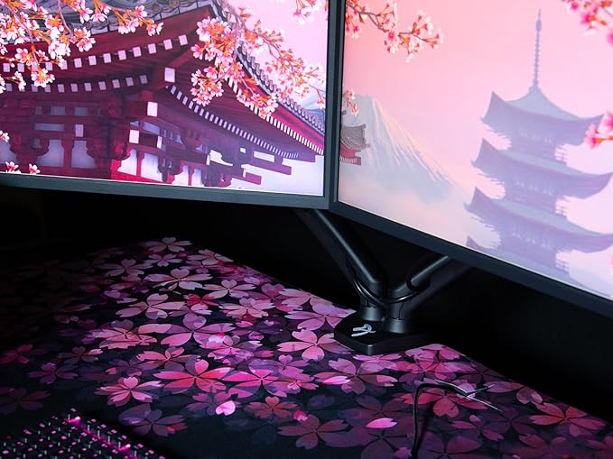 Arozzi Arena Special Edition Ultrawide Curved Gaming and Office Desk with Full Surface Water Resistant Desk Mat Custom Monitor Mount Cable Management Cut Outs - Flower