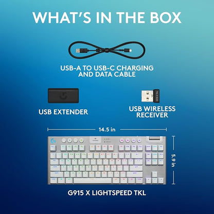 Logitech G915 X Lightspeed TKL Wireless Gaming Keyboard (Tactile) - White | Low Profile, Mechanical Switches, Double-Shot PBT Keycaps, RGB lighting, Aluminum finish, PC/Mac Compatible