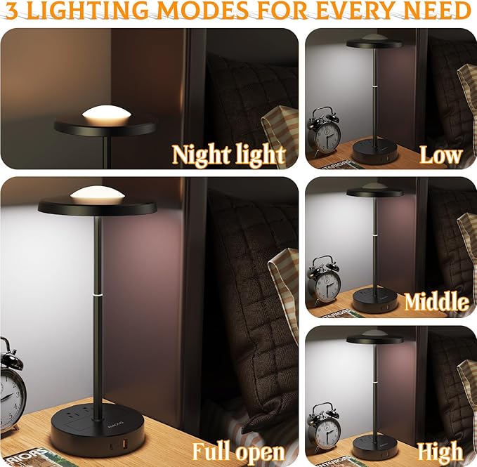 LED Table Lamp Dimmable Desk Lamp Reading Lamp with USB A & Type C Charging Port 2 Prong Outlet Power Touch Control Night Light Retractable for Bedroom, Living Room, Dorm, Study, Home Office