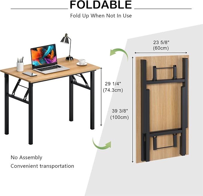 Need Office Computer Desk 39.3 Inch Sturdy Folding Laptop Table Teak | Black Frame Writing Gaming Work Table/Foldable Home Office Desk/Sewing Table, No Assembly Required