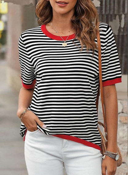 Dokotoo Womens Tops 2026 Casual Summer Crewneck Short Sleeve Striped Color Block Knit High Low Trendy Pullover Sweaters