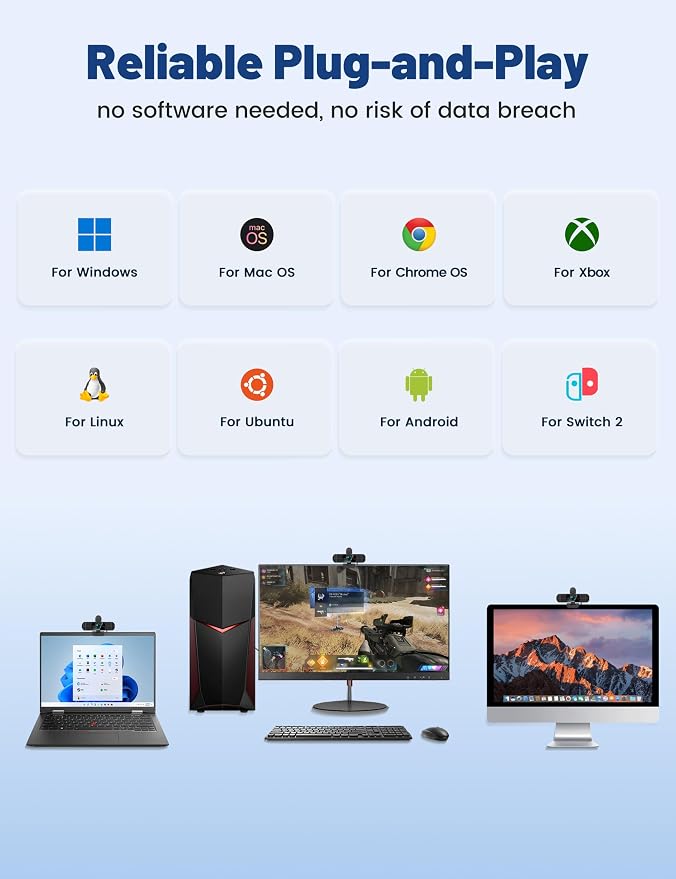 Pro QHD 2K/60fps Webcam with Tripod, External USB Camera for PC/Laptop | Dual noise-cancelling mics | Auto-focus | Wide-angle | Low-light correction | 360° rotation | CMOS sensor | Plug and Play