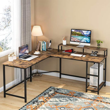 L-Shaped Computer Desk with Monitor Stand and Storage Shelves, Large Corner Desks for Home Office
