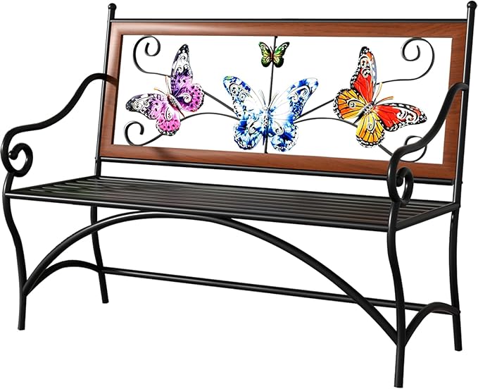39.7" Outdoor Bench, Garden Bench, Patio Bench with Armrest, Slatted Seat and Butterfly Pattern Backrest for Outside, Front Porch, Park, Lawn, Backyard and Balcony, Cast Iron Metal Frame, Black