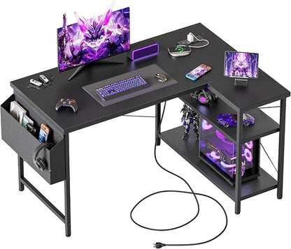 Mericonia 39 inch Corner Desk with Shelves, Small L Shaped Gaming Desk | Reversible Computer Desk with Power Outlets & Storage Bag, Office Table for Home Bedroom Study Work Writing