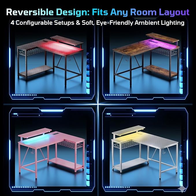 Bestier 42-Inch L-Shaped Computer Desk with Charging & LED, Black | Charging 2AC+USB+Type-C, RGB LED Strip, Reversible Shelves, Monitor Stand, Headphone Hook, Cable Mgmt, Small Space