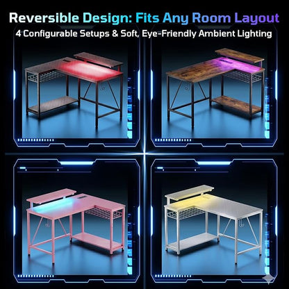 Bestier 42-Inch L-Shaped Computer Desk with Charging & LED, Black | Charging 2AC+USB+Type-C, RGB LED Strip, Reversible Shelves, Monitor Stand, Headphone Hook, Cable Mgmt, Small Space