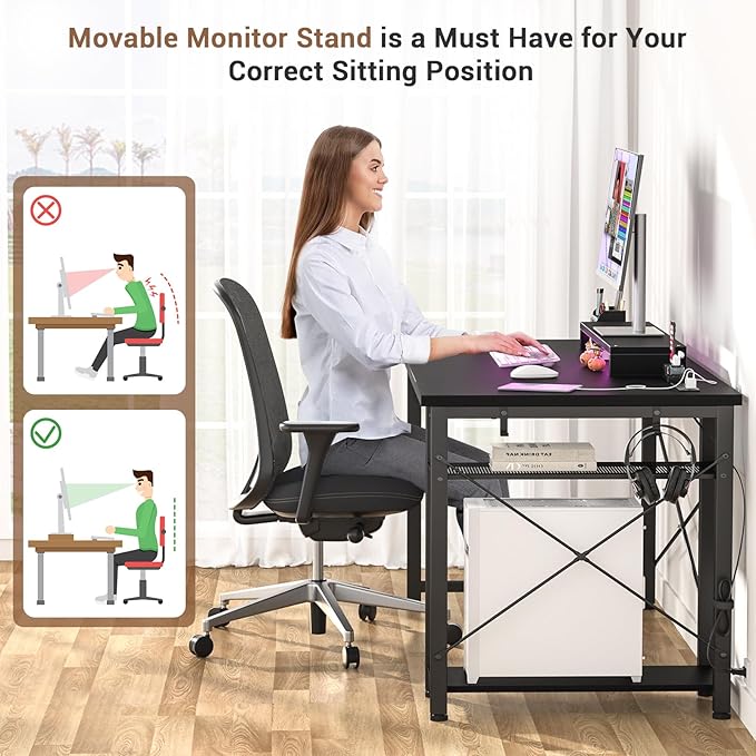 armocity Computer Desk with LED Lights, Gaming Desk with Power Outlet and USB, 40 Reversible Laptop Table with Moveable Monitor Stand, Small Desk for Small Spaces, Office, Gaming Room, Black