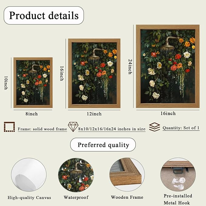 CXQILVER Vintage Framed Floral Bathroom Wall Art Canvas, Green Botanical Flowers Shower Wall Decor, Rustic Farmhouse Bathroom Decor Aesthetic Picture Artwork for Bedroom Living Room Guest Bath 8x10in