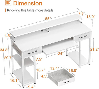 ODK Computer Desk, 55'' Office Desk with Keyboard Tray, Writting Desk with Drawers and Monitor Stand, Study Table with CPU Stand and Removable Shelf for Storage, White