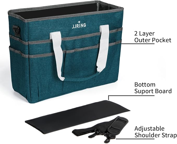 JJRING Craft Organizer Tote Bag, Large Art Storage Caddy with Multiple Pockets, Bluish Green Sewing Bag for Art, Craft, Scrapbooking, School, Medical, and Office Supplies Storage