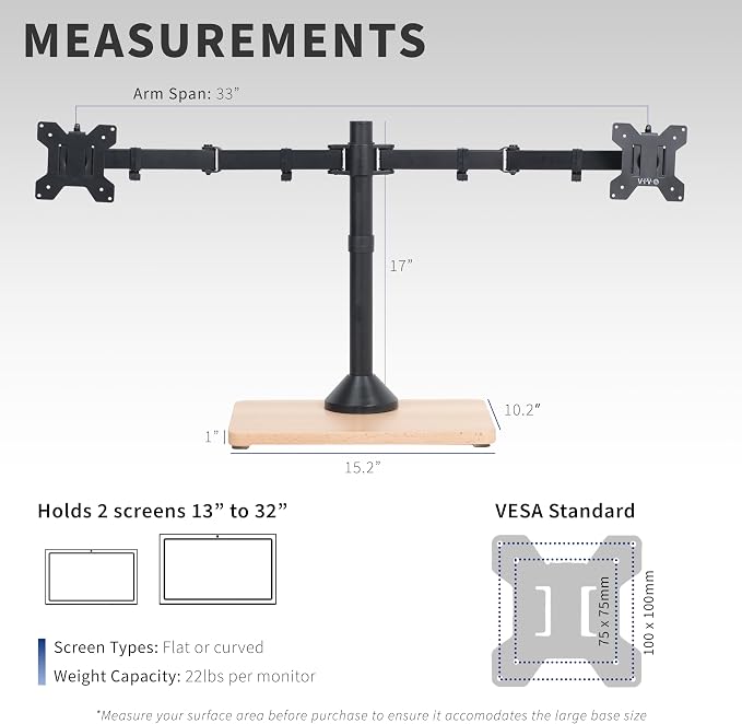 VIVO Dual Monitor Desk Stand for 13 to 32 inch Screens, STAND-V002FD-B | Articulating, Freestanding Adjustable Monitor Arm, Black with Wood Base, Computer Stand for 2 Monitors, Holds 22 lbs Each