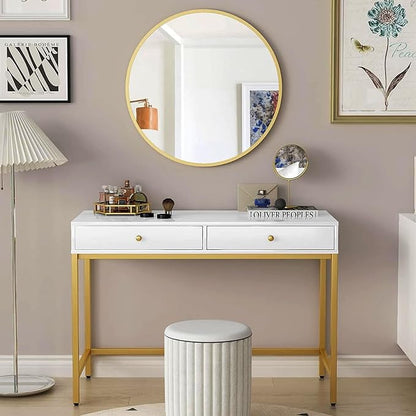 White-Vanity-Desk with 2 Drawers, White/Gold Home-Office-Desks Glossy Desktop Makeup-Vanity-Table Modern Writing Computer Standing Desk with Wood Top and Metal Frame for Home Office Bedroom Furniture