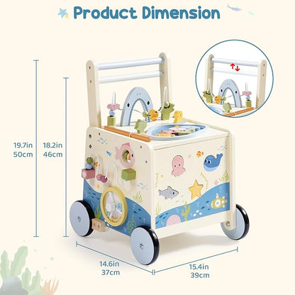 Wooden Baby Walker Push Toy for Toddlers 10M+ | Adjustable Height & Speed Control | Montessori Activity Center with Fishing Game, Music, Storage | Ocean World Theme Learning Walking Toy