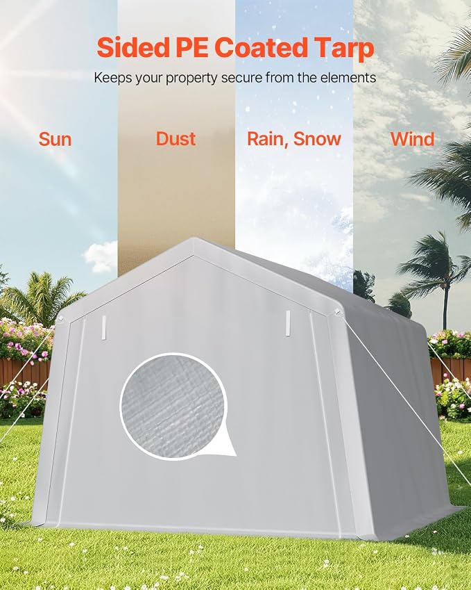 VEVOR Outdoor Storage Shed, 10 x 10 ft Portable Storage Tent with Roll-up Door & Vents, Waterproof Canopy Shed Shelter, Heavy Duty Frame, Patio Garage Carport for Motorcycle, Lawn Mower, Bike, Grey