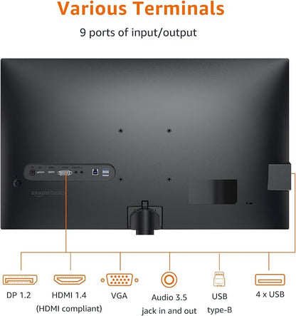 Amazon Basics 27 Inch Monitor, FHD 1080P, 100Hz, IPS, Built-in Speakers, VESA Compatible, USB Ports, Black