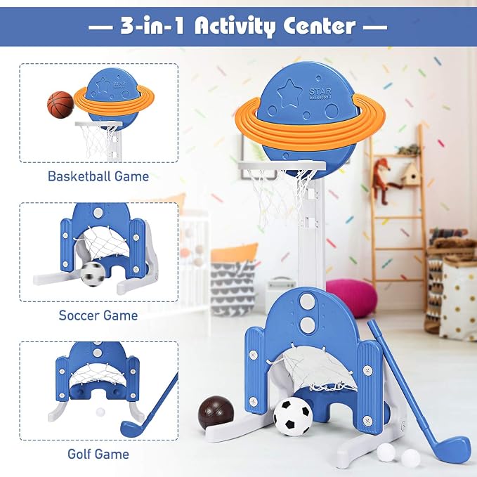 Costzon Kids Basketball Hoop, Toddler Sports Activity Center w/ 5 Adjustable Height Levels, Basketball Soccer Golf Game Set, Indoor Outdoor Basketball Hoop Set Gift for Baby Infant