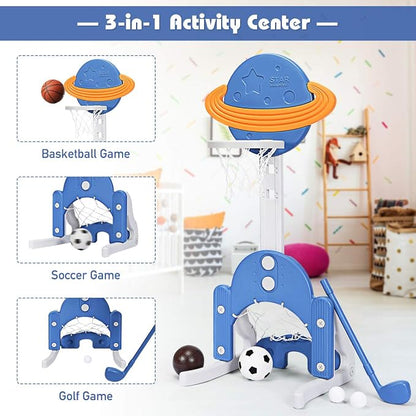 Costzon Kids Basketball Hoop, Toddler Sports Activity Center w/ 5 Adjustable Height Levels, Basketball Soccer Golf Game Set, Indoor Outdoor Basketball Hoop Set Gift for Baby Infant