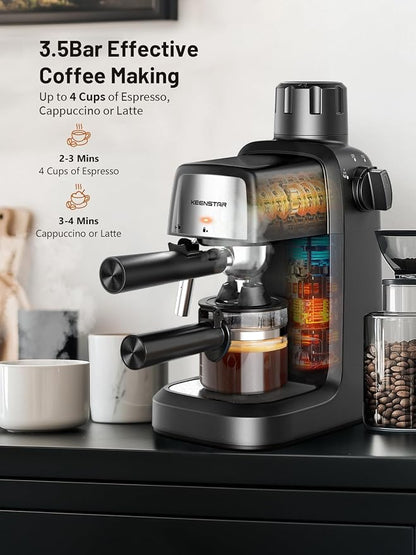 KEENSTAR 3.5Bar Espresso Machine 800W, Compact 4-Cup Espresso Maker Preheat | Fast Heating, Milk Frother Steam Wand, Espresso and Cappuccino Machine for Cappuccino or Latte Black
