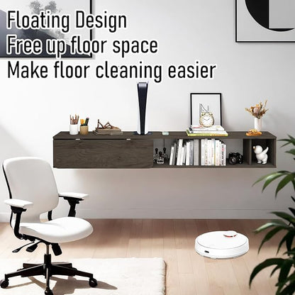Pmnianhua 63'' Floating Desk with Storage Shelves,Wall Mounted Desk Laptop Computer Writing Study Table for Bedroom Small Space(Dark Grey)