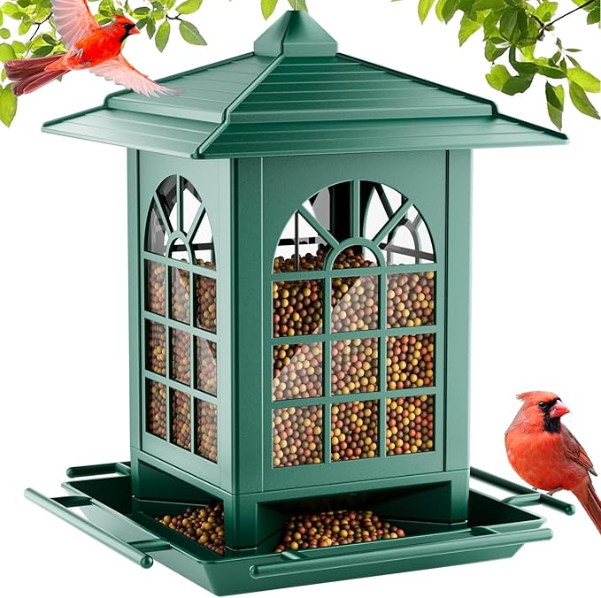 Birdream Bird Feeders for Outdoor Hanging, Assembly Required, 1-Min Easy Setup, Classic Courtyard Design, Attracting Cardinals Chickadees Goldfinches & Sparrows - Green