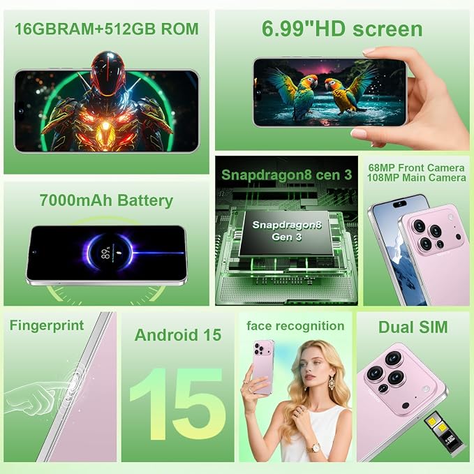 17 PMAX Unlocked Cell Phone,16GB+512GB Smartphone,6.99" HD Screen Android 15 5G Phones,Battery 7000mAh Android The Phone,Fingerprint Button Unlock/GPS/Face ID/Dual SIM/5G (Pink)