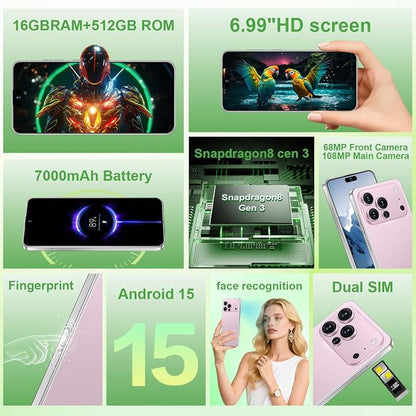 17 PMAX Unlocked Cell Phone,16GB+512GB Smartphone,6.99" HD Screen Android 15 5G Phones,Battery 7000mAh Android The Phone,Fingerprint Button Unlock/GPS/Face ID/Dual SIM/5G (Pink)