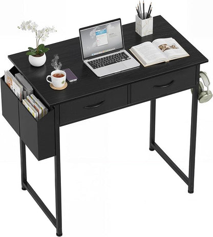 OLIXIS 32 Inch Small Desk, Gaming Computer Desk, Side Bag | Fabric Drawers, Headphone Hook, Home Office, Work Table, Writing Study, Bedroom, Black