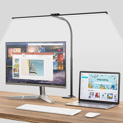 LED Desk Lamp for Home Office,Bright Double Head Desk Lamp with Clamp,Dimmable 5 Color Modes Desk Lighting,12W Eye-Caring Architect Table Lamp for Workbench,Monitor,Reading,Study,1400lm