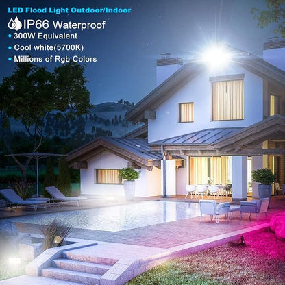 LED Flood Light Outdoor, 30W Equivalent 3000LM Smart RGB Landscape Lighting with APP Control, DIY Scenes - Timing - 5700K Daylight White -Color Changing Uplight, IP66 Waterproof US Plug MELPO(4 Pack)