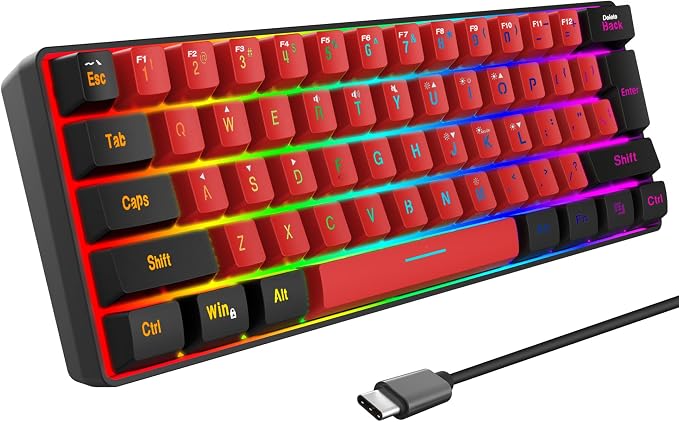 Snpurdiri 60% Wired Gaming Keyboard,True RGB Small Compact 61 Keys Mini Keyboard for PC/Mac Gamer, Typist, Travel, Easy to Carry on Business Trip(Black-Red) | Mini Gaming Keyboard for PC/Mac Gamer, Typist, Travel, Easy to Carry on Business Trip