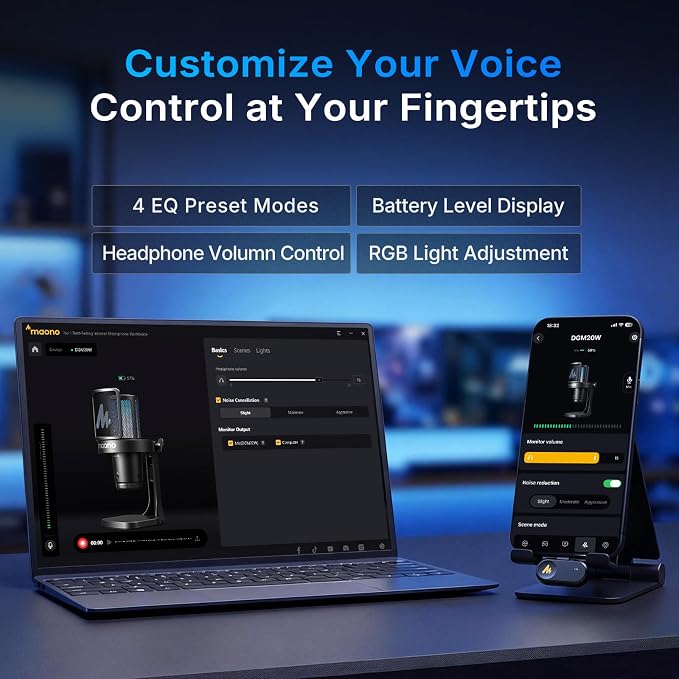 MAONO DGM20W Wireless Gaming Microphone for PC & Smartphones | USB-C Receiver, Clear Voice, Noise Reduction, Software Control, Custom RGB, Mute, Boom Mic Set for Discord Streaming & Gaming