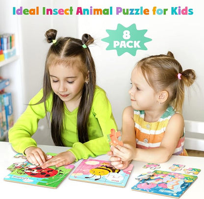 Zeoddler Wooden Puzzles for Toddlers, 8 Pack Insect Animal Jigsaw Puzzles for Kids3-5, 9 Pieces Preschool Learning Activities, Learning & Educational Toys, Gift for Boys, Girls