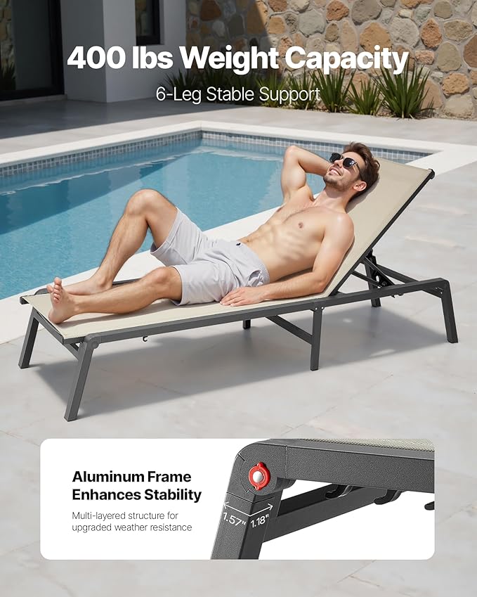 VEVOR Outdoor Chaise Lounge Chair Set of 2, 400 lbs Weight Capacity, Foldable Sun Tanning Chair, 5 Adjustable Positions, Easy Assembly, Aluminum Pool Recliner Lounge Chairs, for Beach Yard Patio