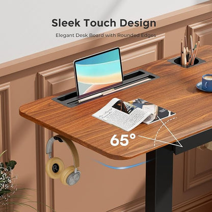28" Mobile Standing Desk with Drawer, Portable Laptop Desk | Rolling Desk with Cup Holder and Hooks, Height Adjustable Computer Cart with Storage, Lockable & Hidden Wheels, Dark Wood